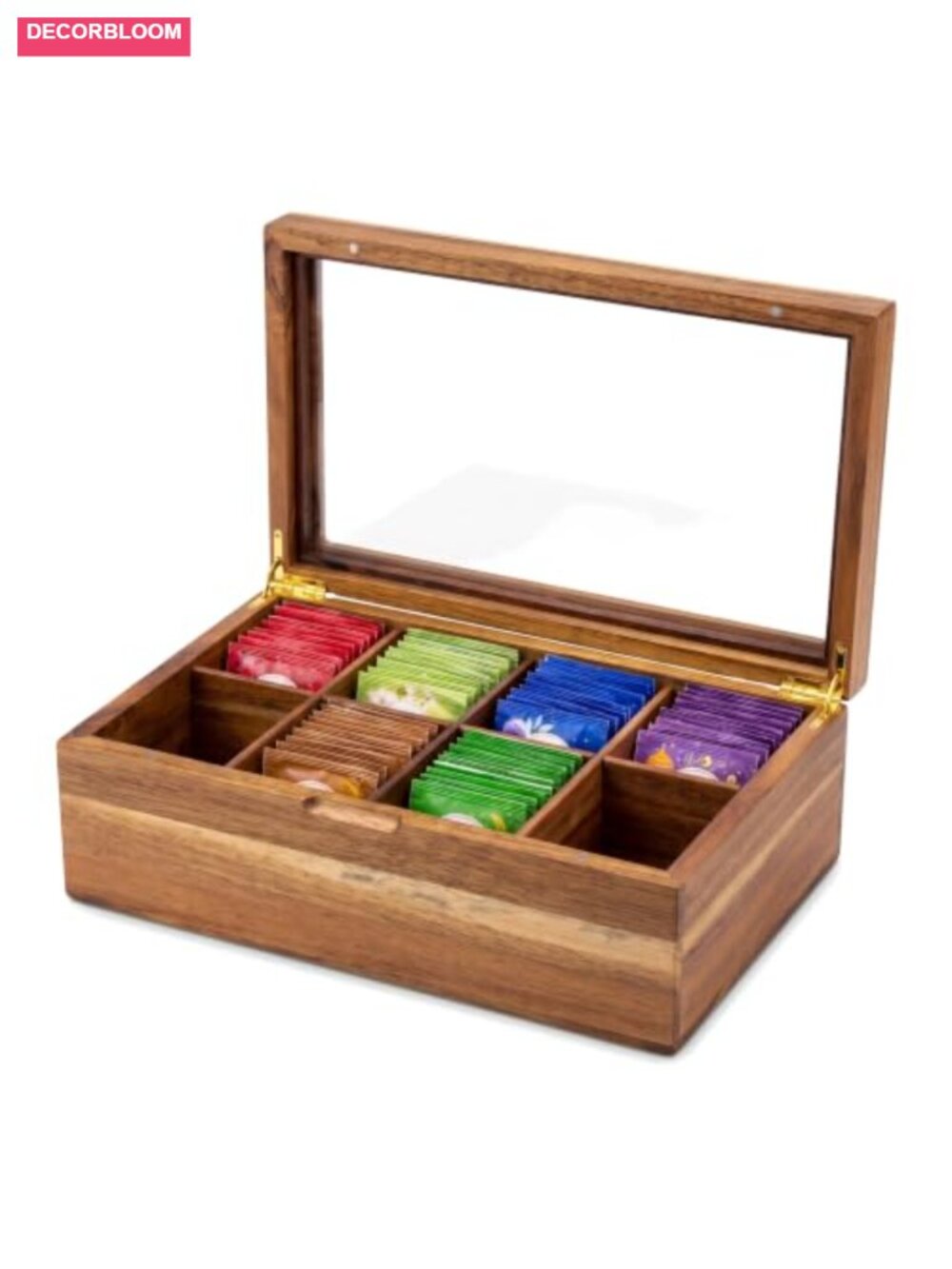 Acacia Wood Tea Bag Organizer 8 Compartment Acrylic Window Lid